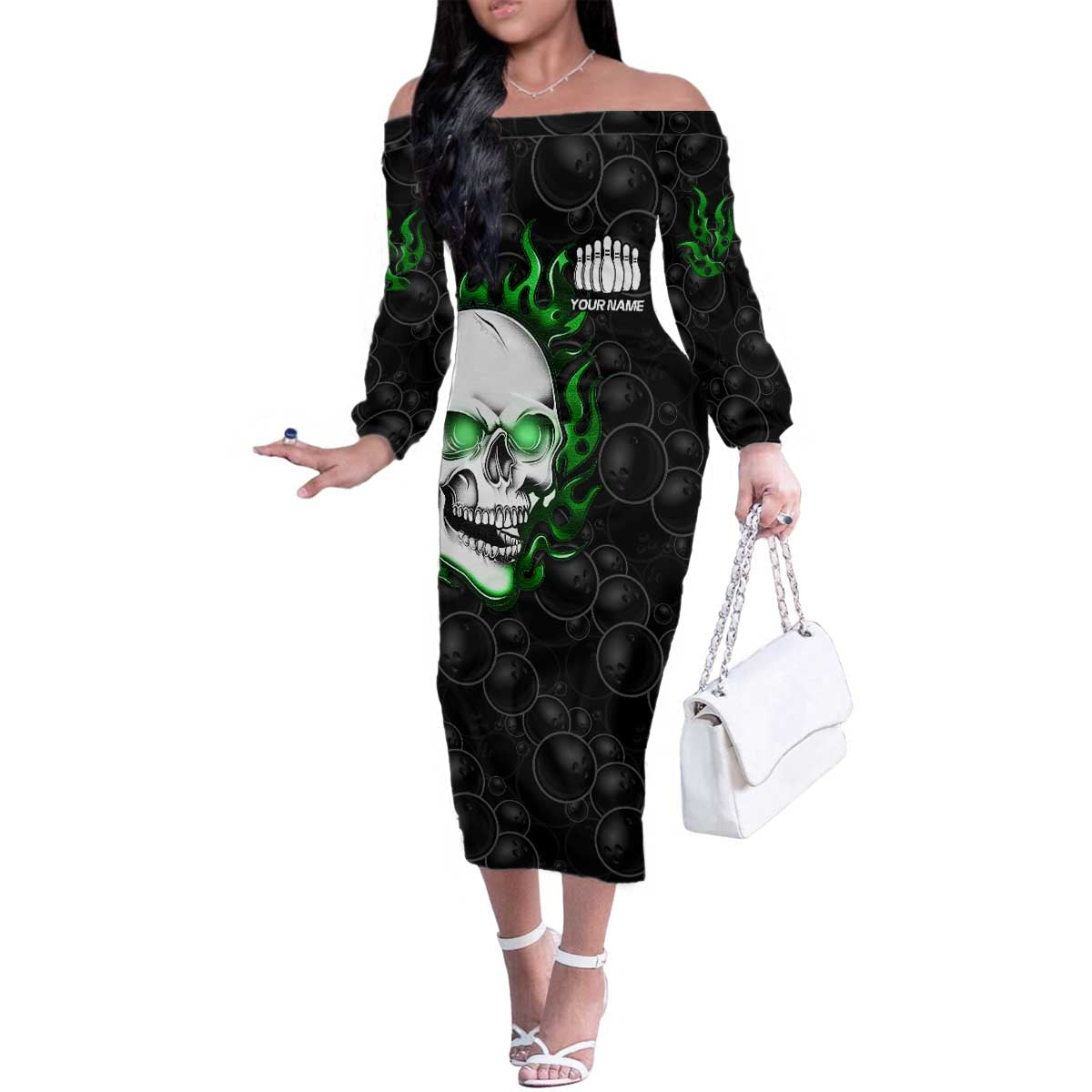 Personalized Skull Bowling Family Matching Off The Shoulder Long Sleeve Dress and Hawaiian Shirt Green Flame Skull - Wonder Print Shop