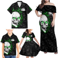 Personalized Skull Bowling Family Matching Off Shoulder Maxi Dress and Hawaiian Shirt Green Flame Skull - Wonder Print Shop