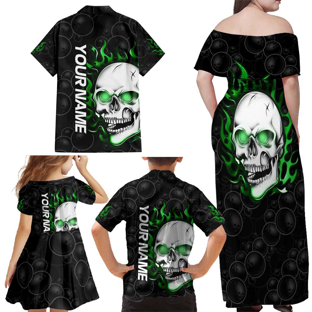 Personalized Skull Bowling Family Matching Off Shoulder Maxi Dress and Hawaiian Shirt Green Flame Skull - Wonder Print Shop
