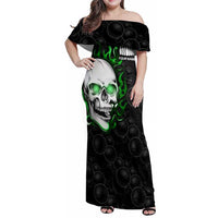 Personalized Skull Bowling Family Matching Off Shoulder Maxi Dress and Hawaiian Shirt Green Flame Skull - Wonder Print Shop