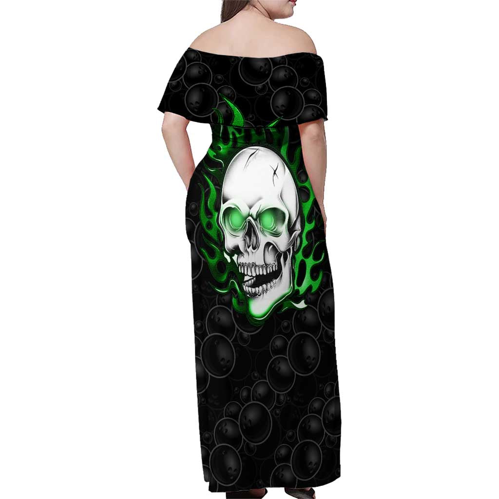 Personalized Skull Bowling Family Matching Off Shoulder Maxi Dress and Hawaiian Shirt Green Flame Skull - Wonder Print Shop