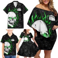 Personalized Skull Bowling Family Matching Off Shoulder Short Dress and Hawaiian Shirt Green Flame Skull - Wonder Print Shop