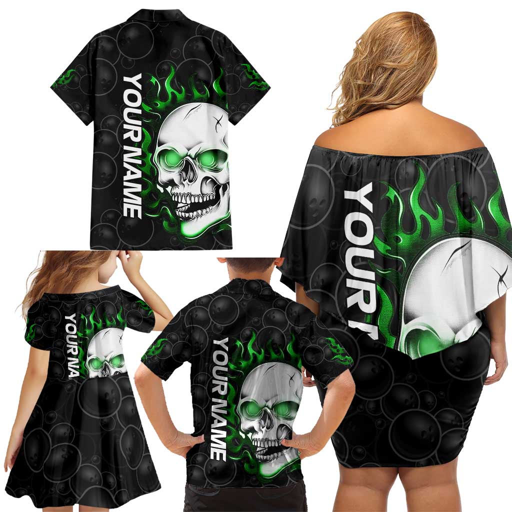 Personalized Skull Bowling Family Matching Off Shoulder Short Dress and Hawaiian Shirt Green Flame Skull - Wonder Print Shop