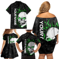 Personalized Skull Bowling Family Matching Off Shoulder Short Dress and Hawaiian Shirt Green Flame Skull - Wonder Print Shop