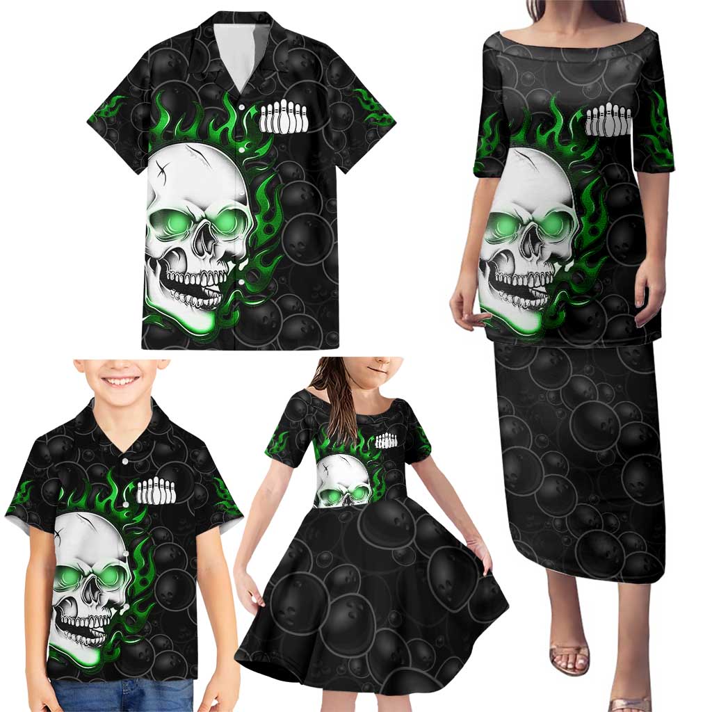 Personalized Skull Bowling Family Matching Puletasi and Hawaiian Shirt Green Flame Skull - Wonder Print Shop