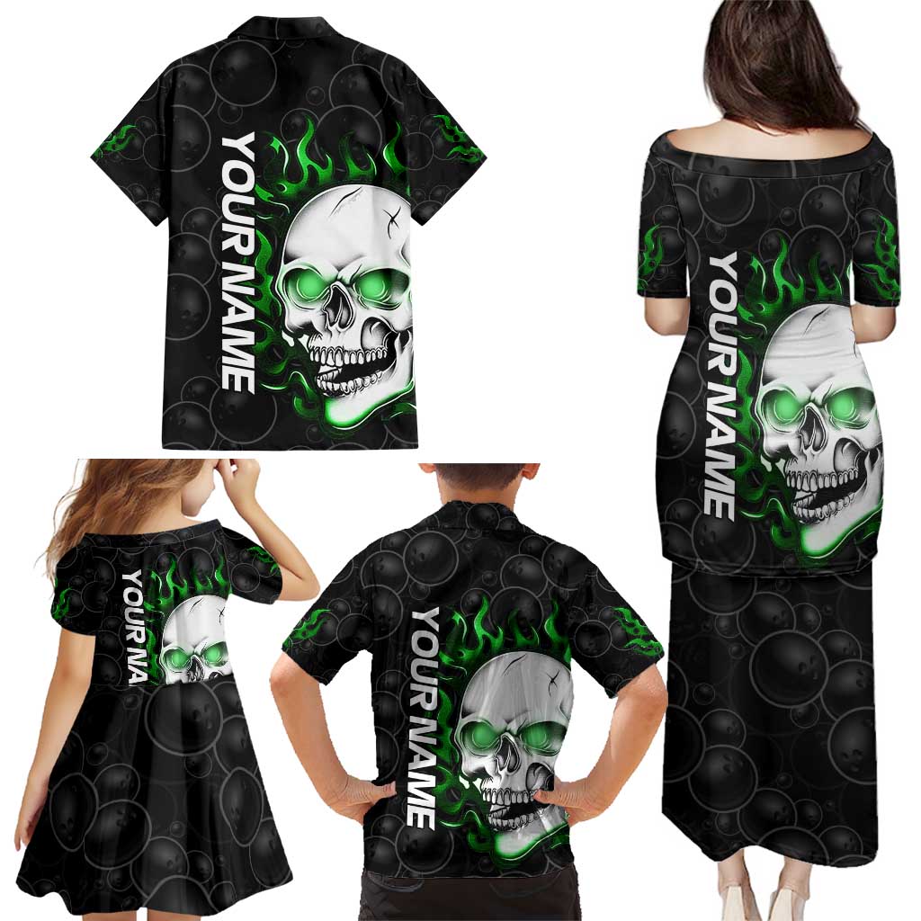 Personalized Skull Bowling Family Matching Puletasi and Hawaiian Shirt Green Flame Skull - Wonder Print Shop