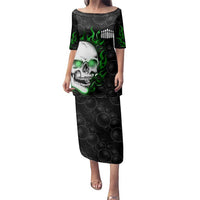 Personalized Skull Bowling Family Matching Puletasi and Hawaiian Shirt Green Flame Skull - Wonder Print Shop