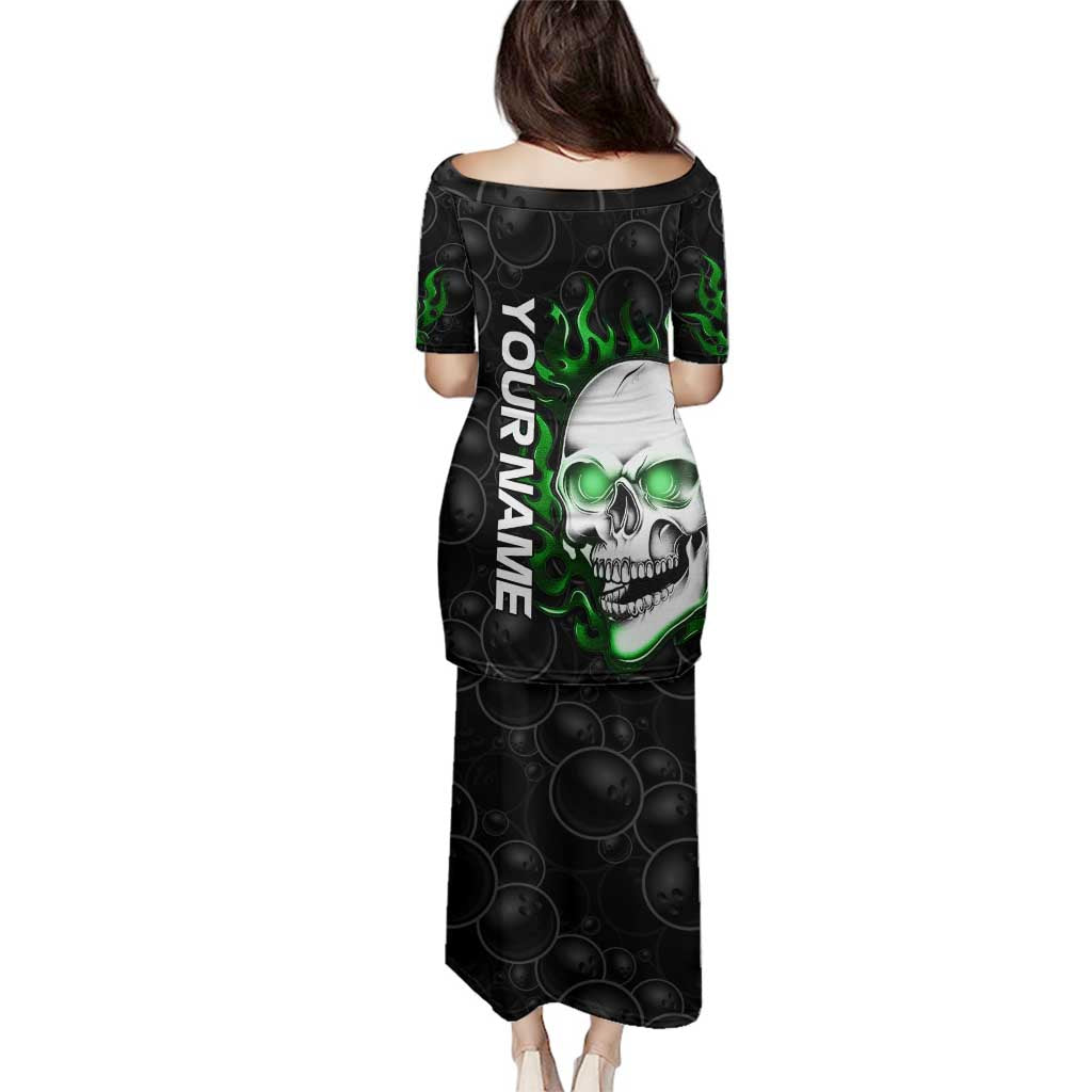 Personalized Skull Bowling Family Matching Puletasi and Hawaiian Shirt Green Flame Skull - Wonder Print Shop
