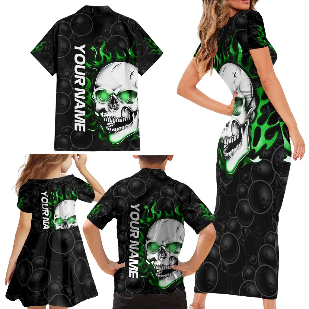 Personalized Skull Bowling Family Matching Short Sleeve Bodycon Dress and Hawaiian Shirt Green Flame Skull - Wonder Print Shop