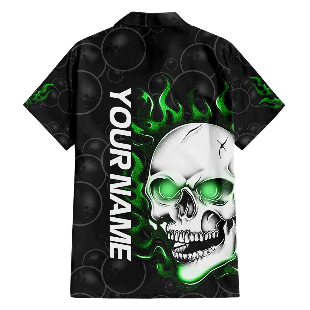 Personalized Skull Bowling Family Matching Short Sleeve Bodycon Dress and Hawaiian Shirt Green Flame Skull - Wonder Print Shop
