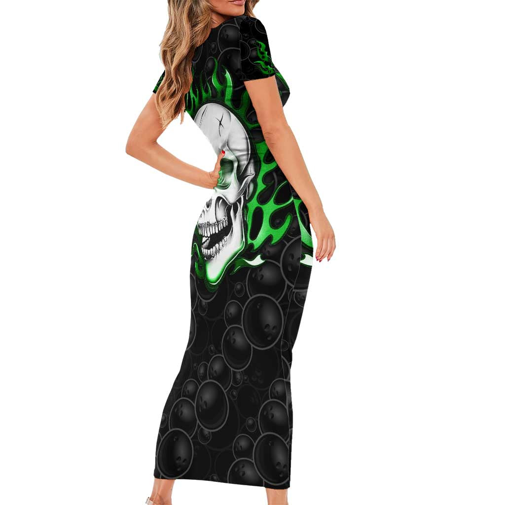 Personalized Skull Bowling Family Matching Short Sleeve Bodycon Dress and Hawaiian Shirt Green Flame Skull - Wonder Print Shop