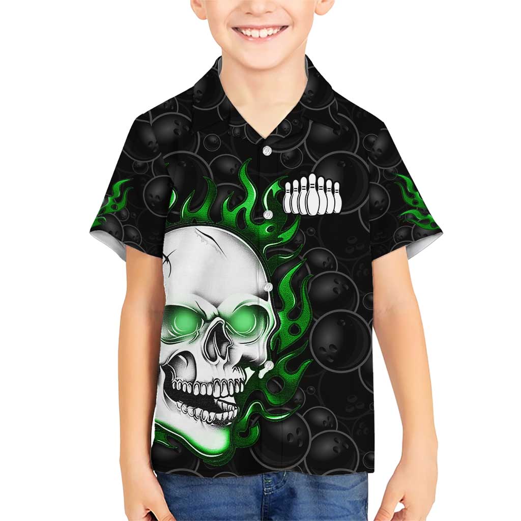Personalized Skull Bowling Family Matching Short Sleeve Bodycon Dress and Hawaiian Shirt Green Flame Skull - Wonder Print Shop