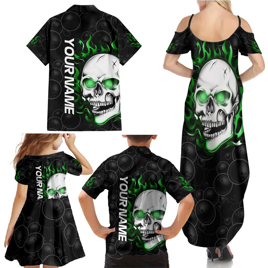 Personalized Skull Bowling Family Matching Summer Maxi Dress and Hawaiian Shirt Green Flame Skull - Wonder Print Shop
