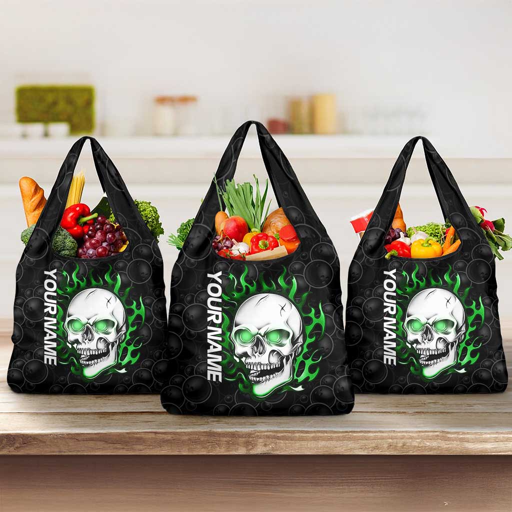 Personalized Skull Bowling Grocery Bag Green Flame Skull - Wonder Print Shop