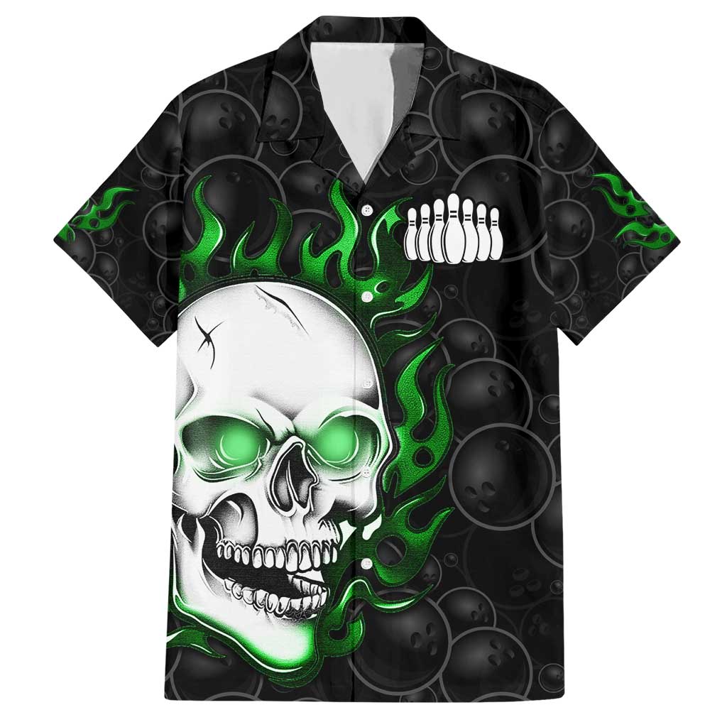 Personalized Skull Bowling Hawaiian Shirt Green Flame Skull - Wonder Print Shop