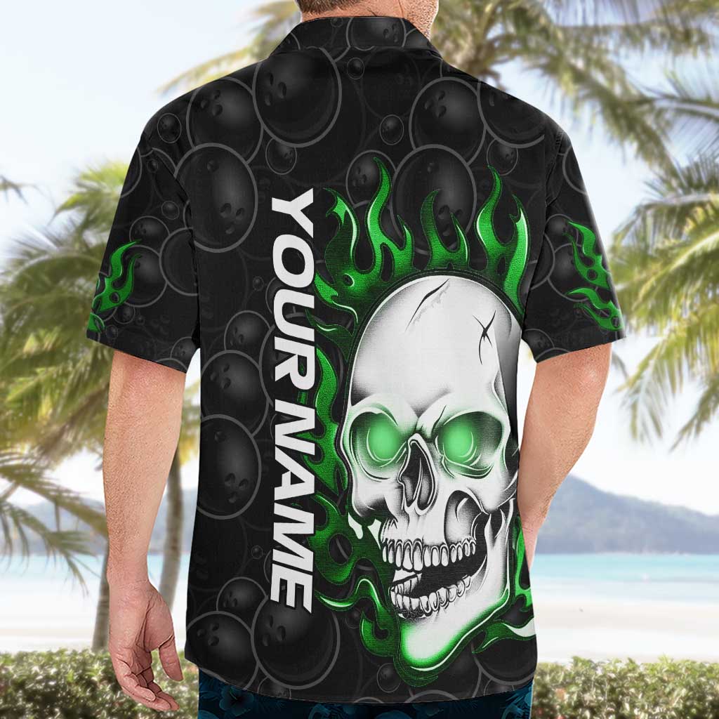 Personalized Skull Bowling Hawaiian Shirt Green Flame Skull - Wonder Print Shop