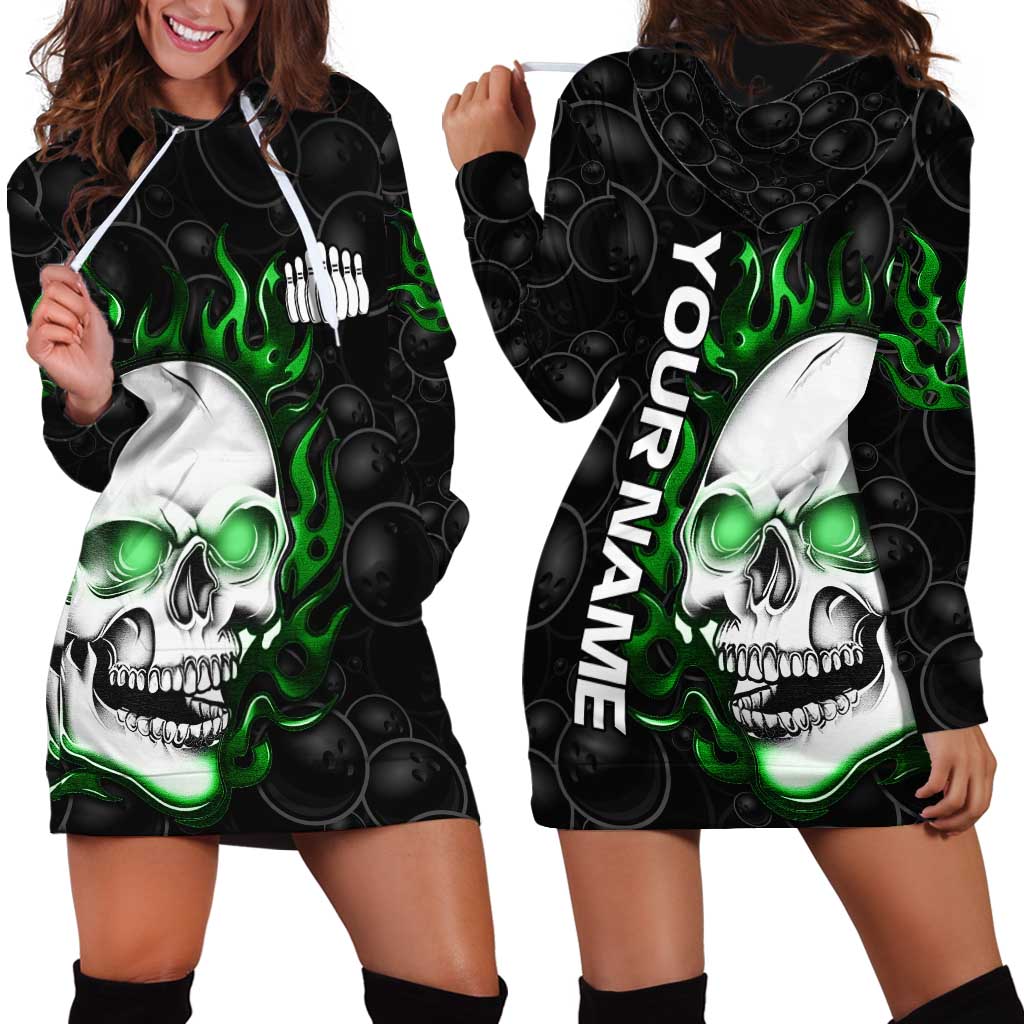 Personalized Skull Bowling Hoodie Dress Green Flame Skull - Wonder Print Shop
