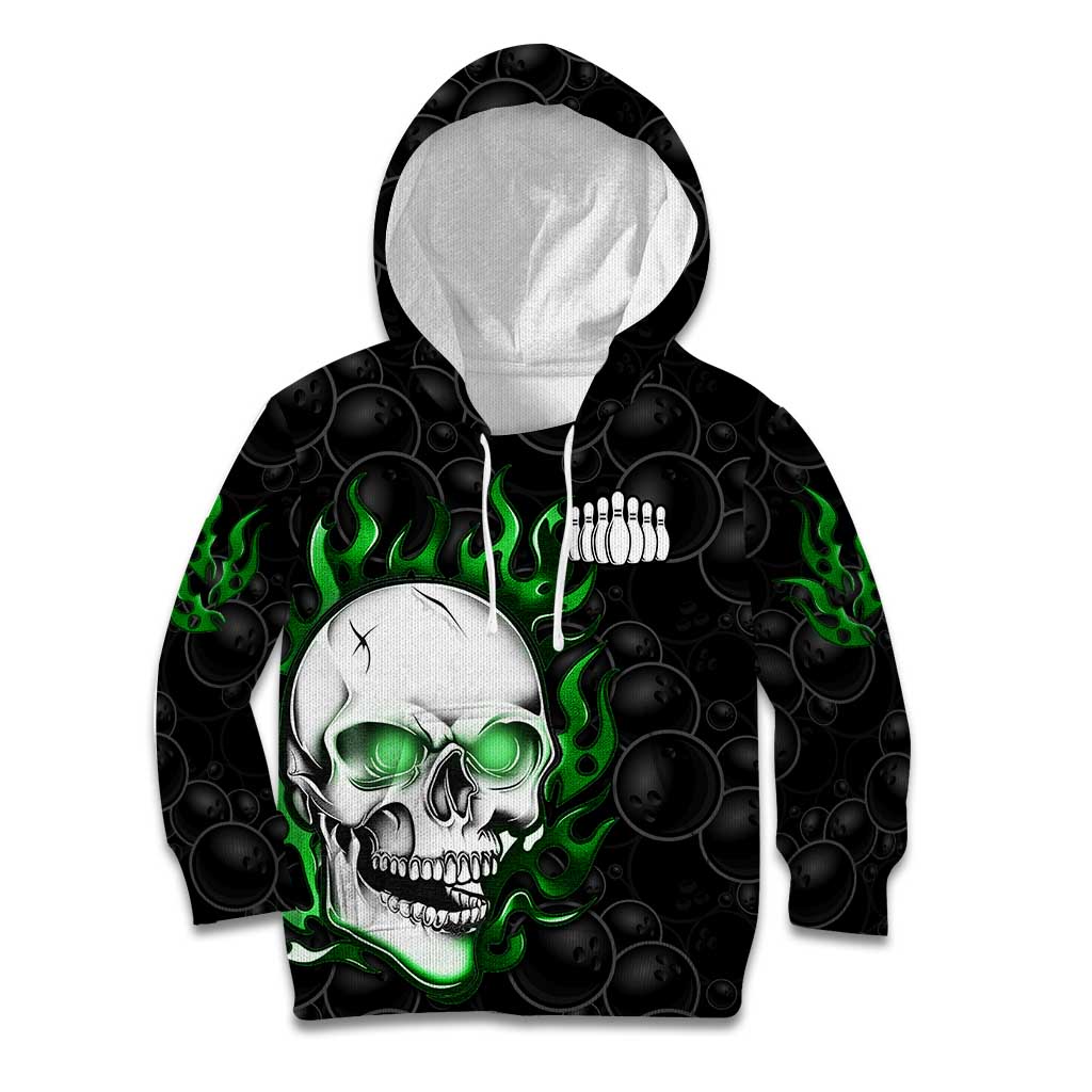 Personalized Skull Bowling Kid Hoodie Green Flame Skull - Wonder Print Shop