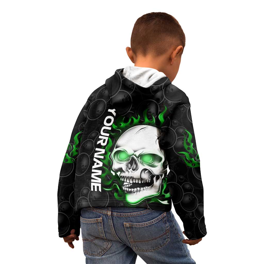 Personalized Skull Bowling Kid Hoodie Green Flame Skull - Wonder Print Shop