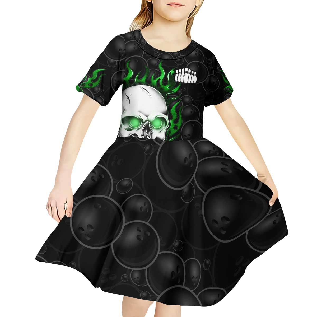 Personalized Skull Bowling Kid Short Sleeve Dress Green Flame Skull - Wonder Print Shop