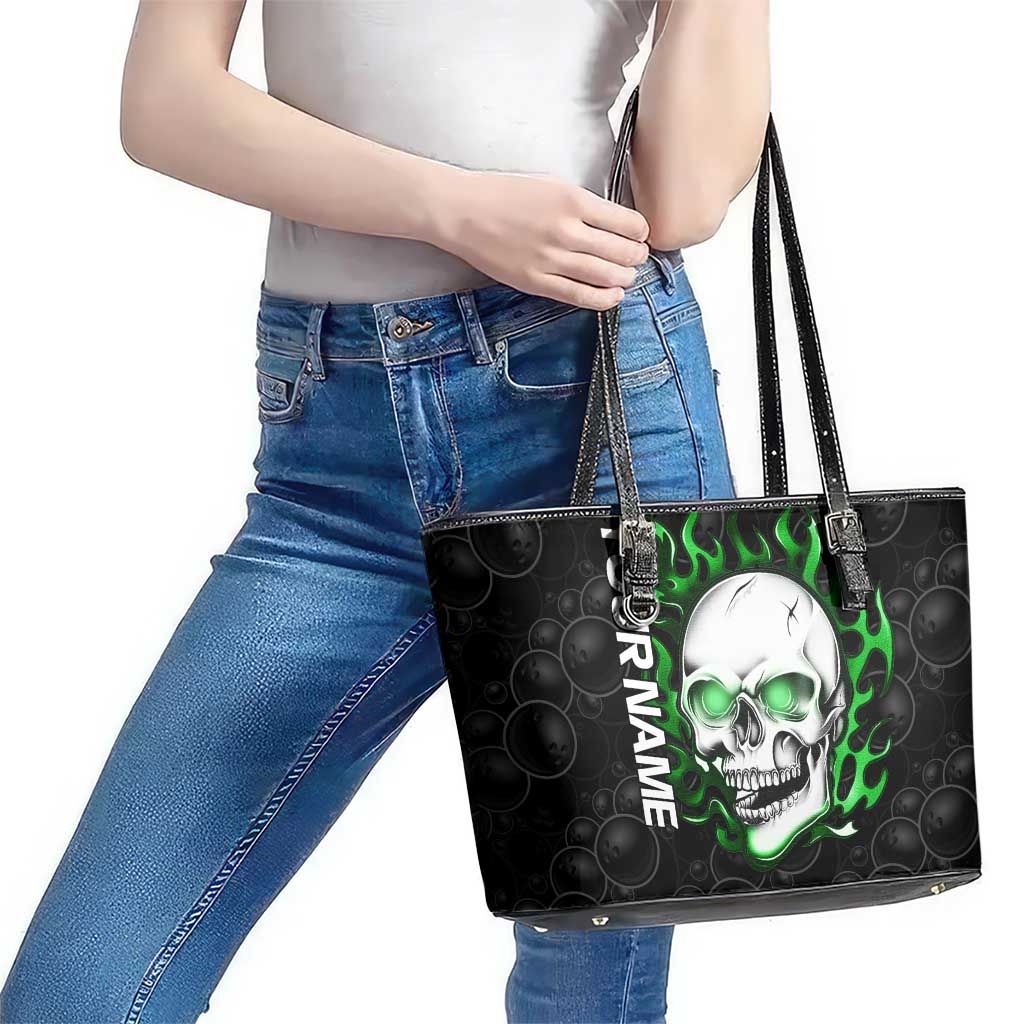Personalized Skull Bowling Leather Tote Bag Green Flame Skull - Wonder Print Shop