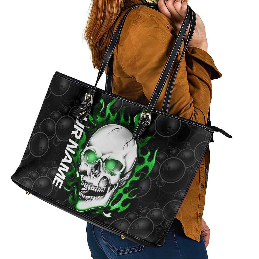 Personalized Skull Bowling Leather Tote Bag Green Flame Skull - Wonder Print Shop