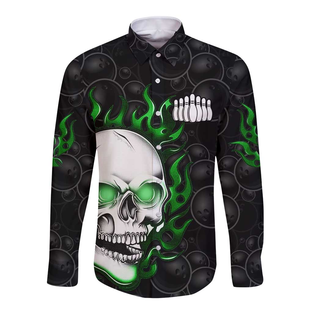 Personalized Skull Bowling Long Sleeve Button Shirt Green Flame Skull - Wonder Print Shop
