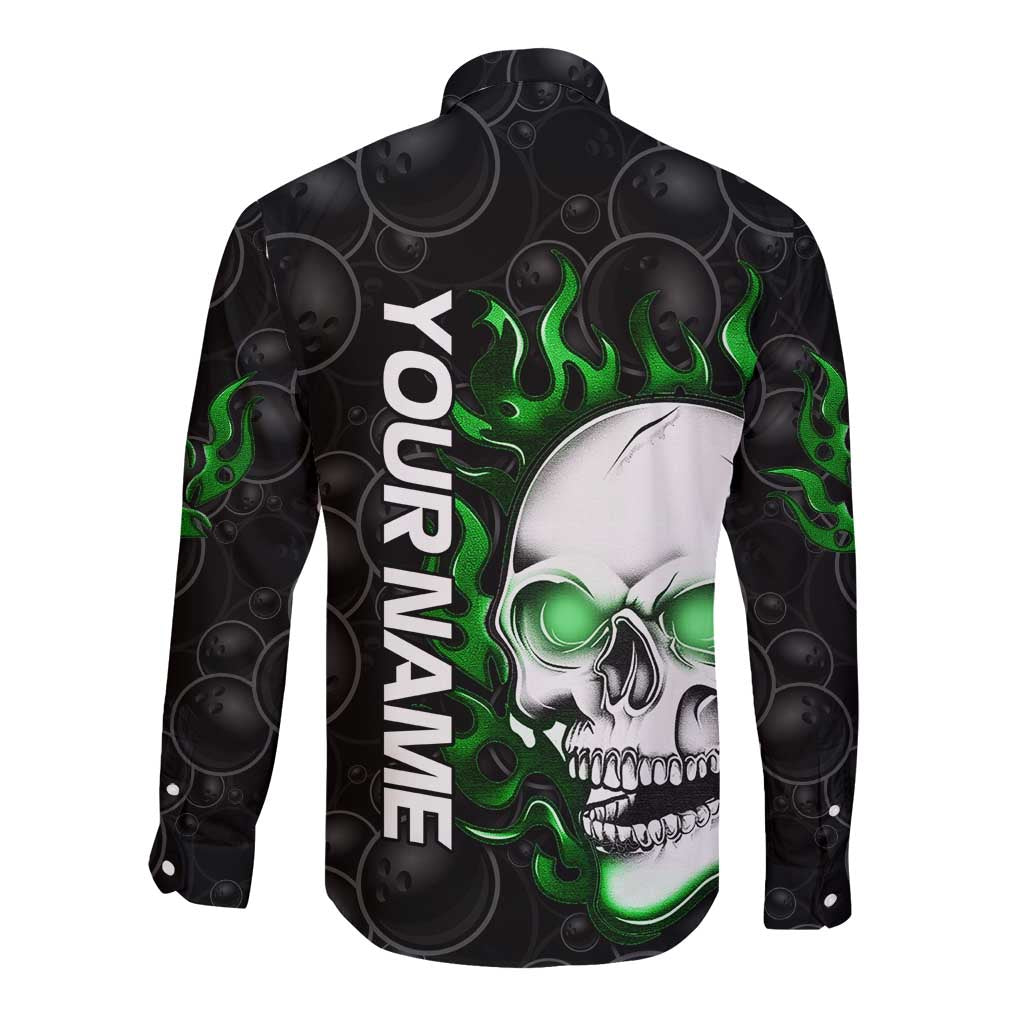 Personalized Skull Bowling Long Sleeve Button Shirt Green Flame Skull - Wonder Print Shop
