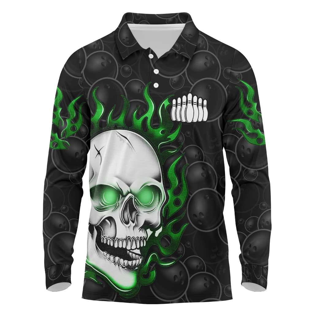 Personalized Skull Bowling Long Sleeve Polo Shirt Green Flame Skull - Wonder Print Shop