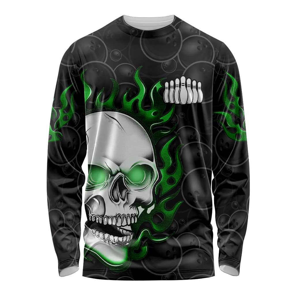 Personalized Skull Bowling Long Sleeve Shirt Green Flame Skull - Wonder Print Shop