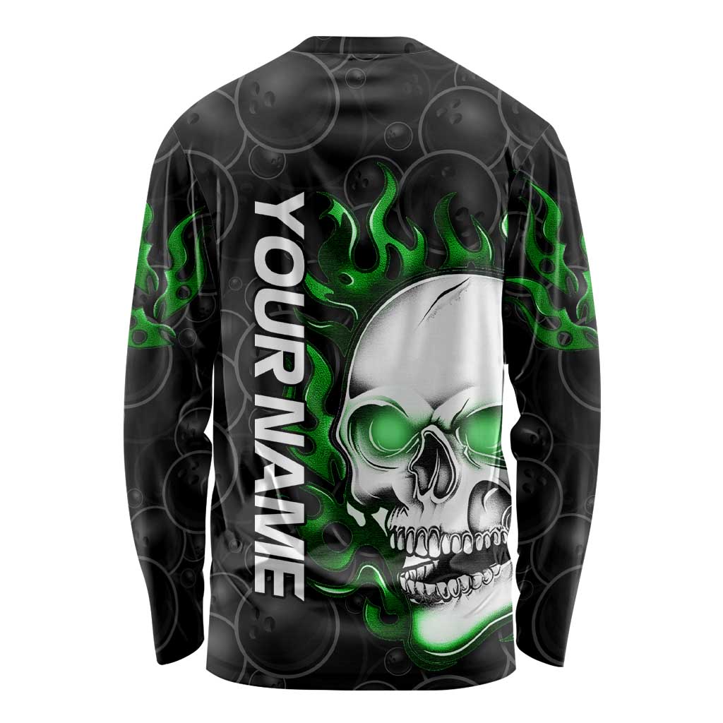 Personalized Skull Bowling Long Sleeve Shirt Green Flame Skull - Wonder Print Shop