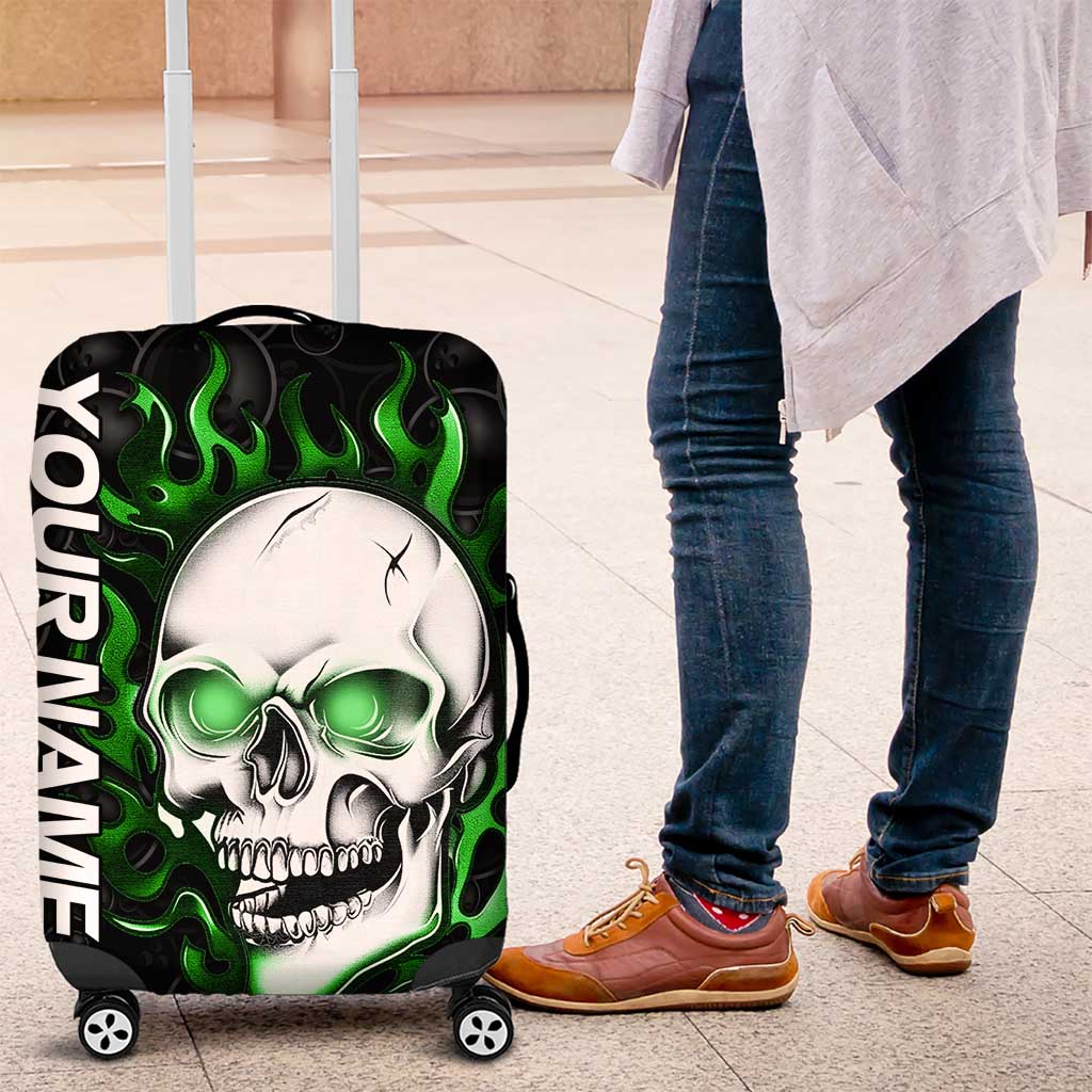 Personalized Skull Bowling Luggage Cover Green Flame Skull - Wonder Print Shop