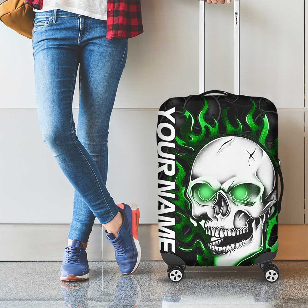 Personalized Skull Bowling Luggage Cover Green Flame Skull - Wonder Print Shop