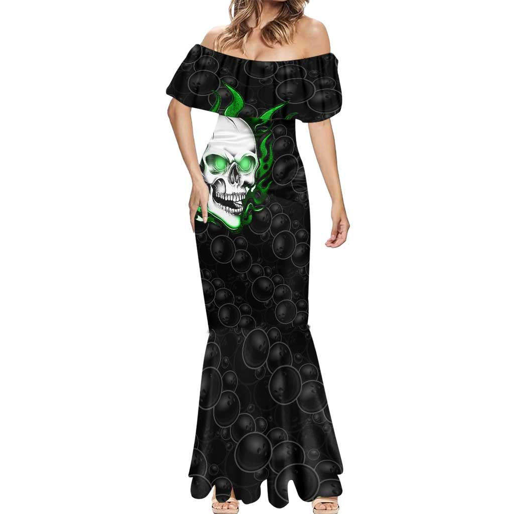 Personalized Skull Bowling Mermaid Dress Green Flame Skull - Wonder Print Shop
