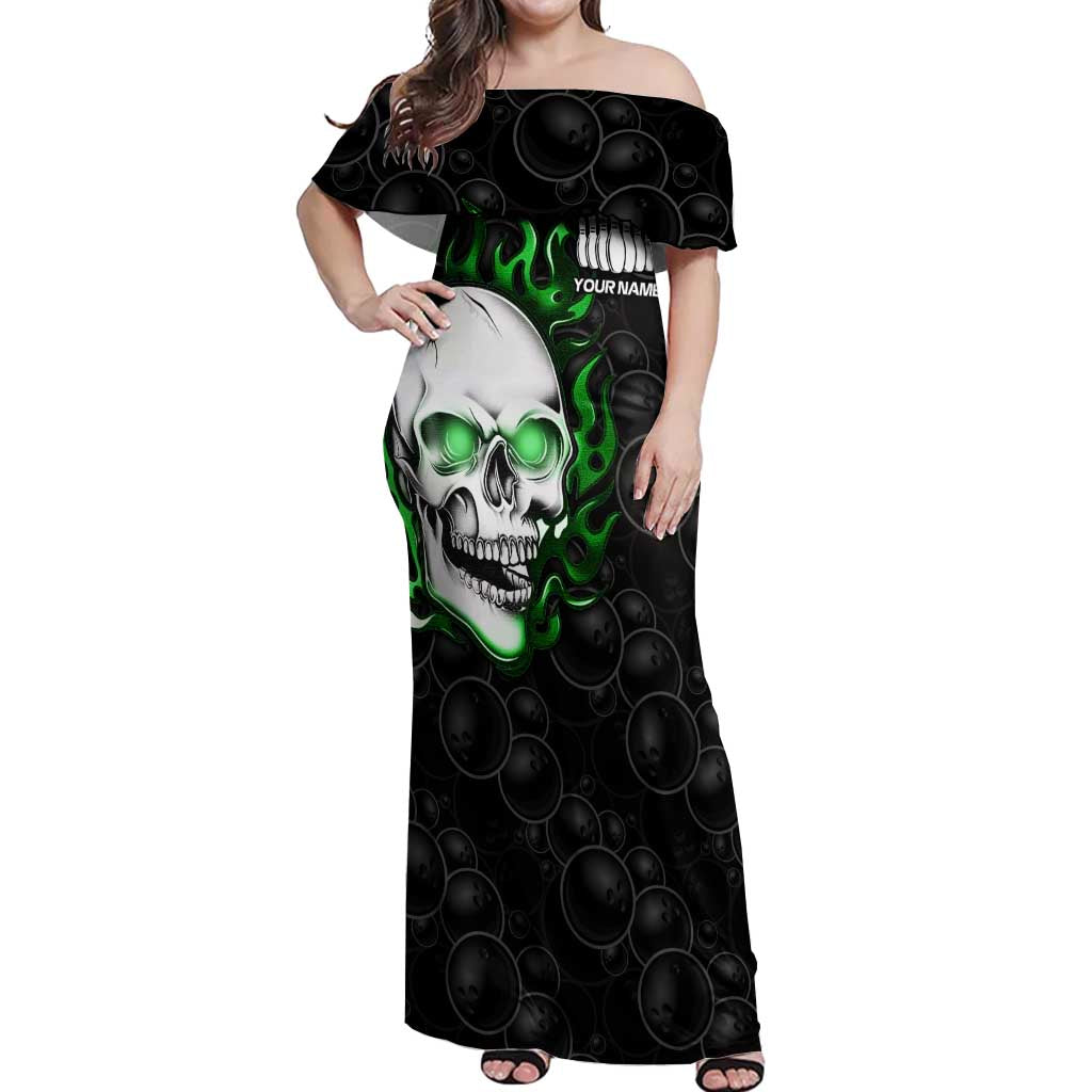 Personalized Skull Bowling Off Shoulder Maxi Dress Green Flame Skull - Wonder Print Shop