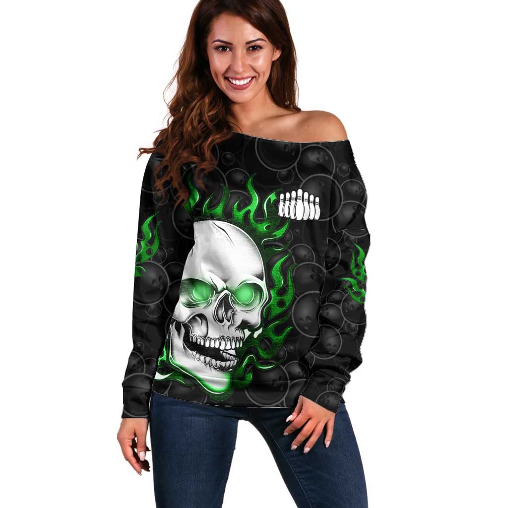 Personalized Skull Bowling Off Shoulder Sweater Green Flame Skull - Wonder Print Shop
