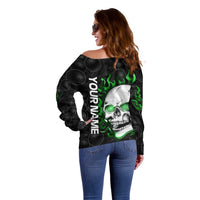 Personalized Skull Bowling Off Shoulder Sweater Green Flame Skull - Wonder Print Shop