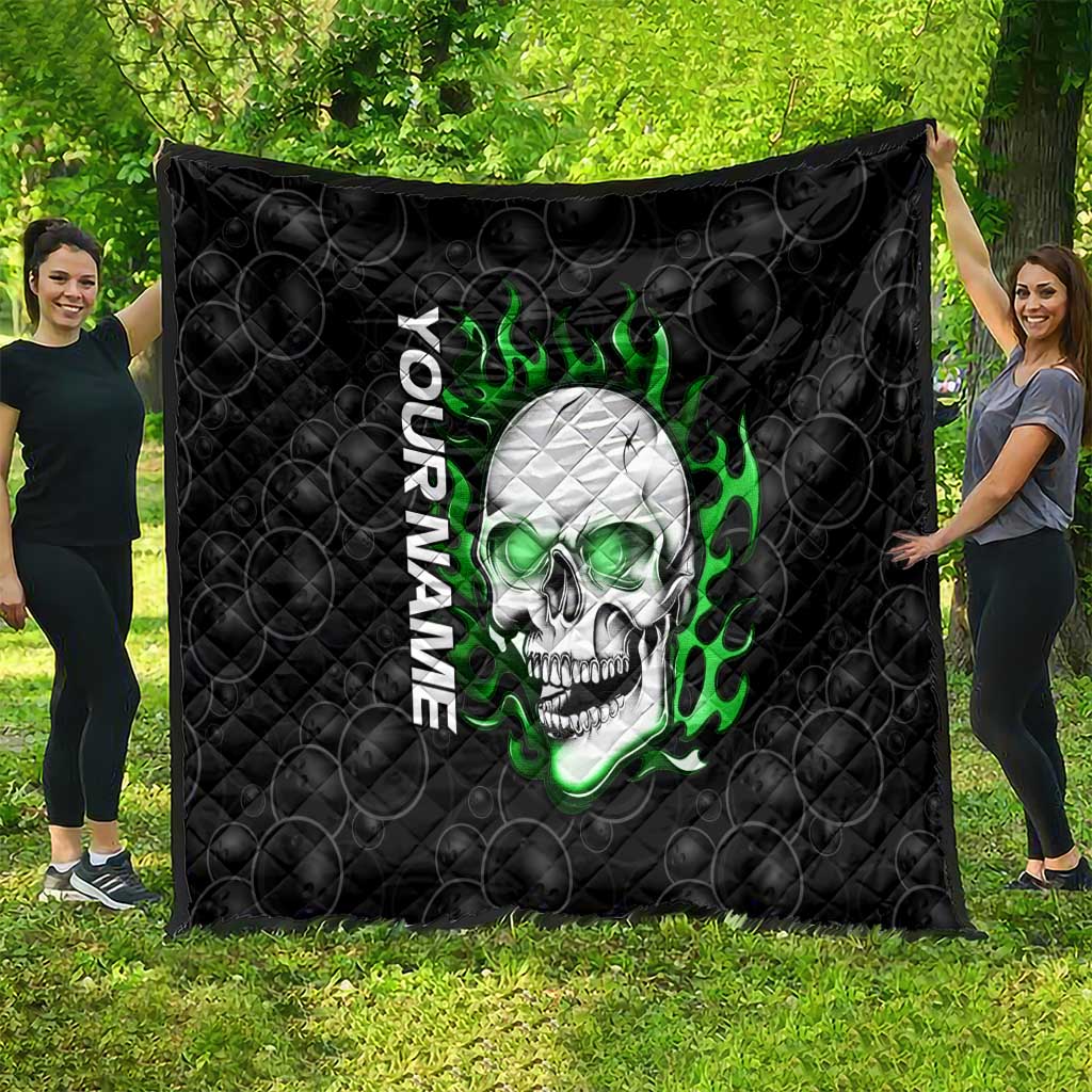 Personalized Skull Bowling Quilt Green Flame Skull - Wonder Print Shop