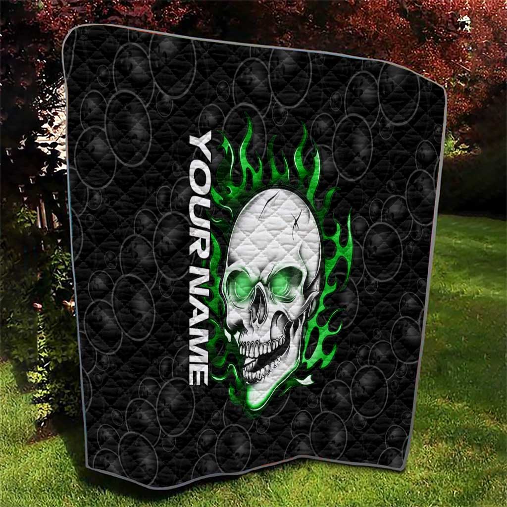 Personalized Skull Bowling Quilt Green Flame Skull - Wonder Print Shop
