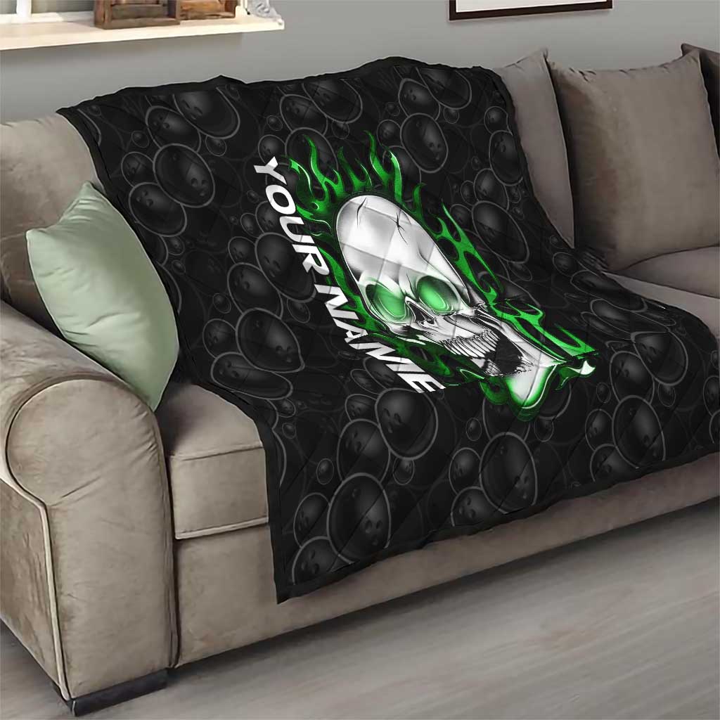 Personalized Skull Bowling Quilt Green Flame Skull - Wonder Print Shop