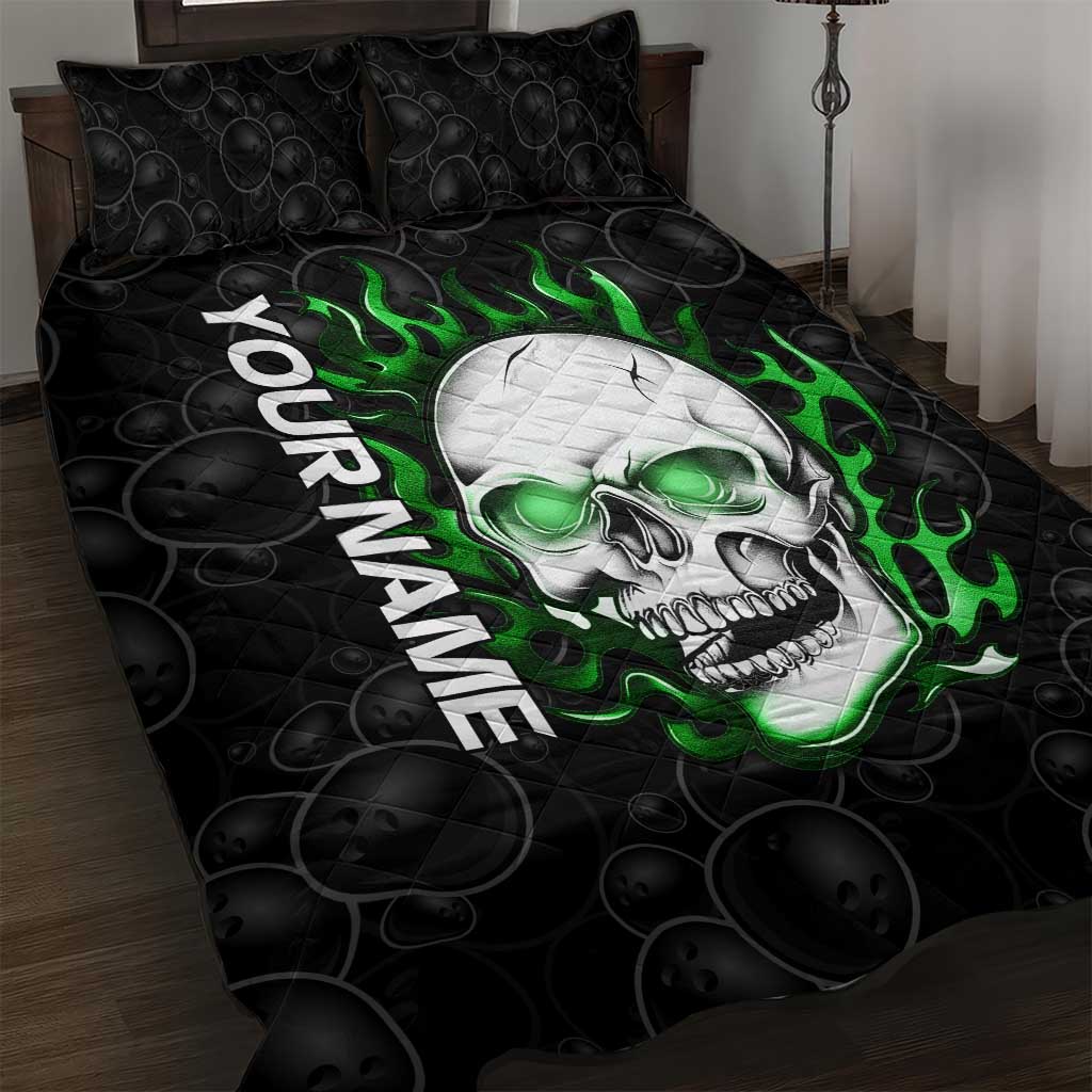 Personalized Skull Bowling Quilt Bed Set Green Flame Skull - Wonder Print Shop