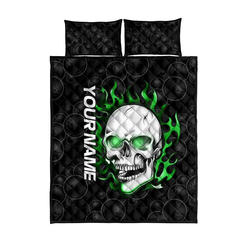 Personalized Skull Bowling Quilt Bed Set Green Flame Skull - Wonder Print Shop
