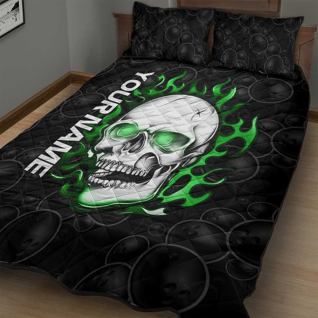 Personalized Skull Bowling Quilt Bed Set Green Flame Skull - Wonder Print Shop