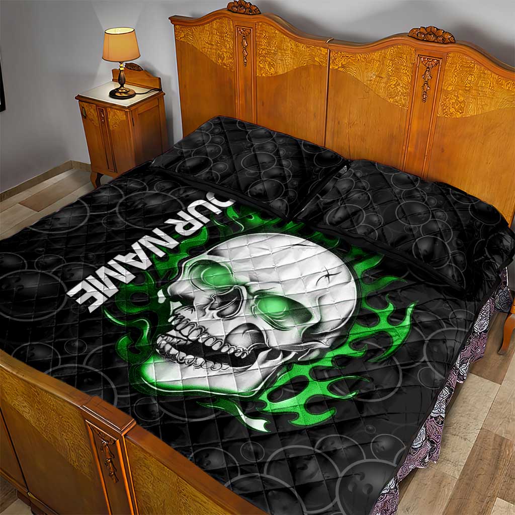 Personalized Skull Bowling Quilt Bed Set Green Flame Skull - Wonder Print Shop