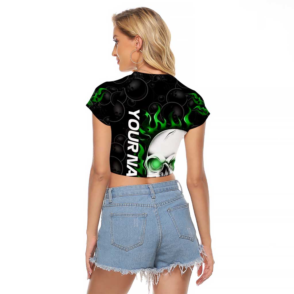 Personalized Skull Bowling Raglan Cropped T Shirt Green Flame Skull - Wonder Print Shop
