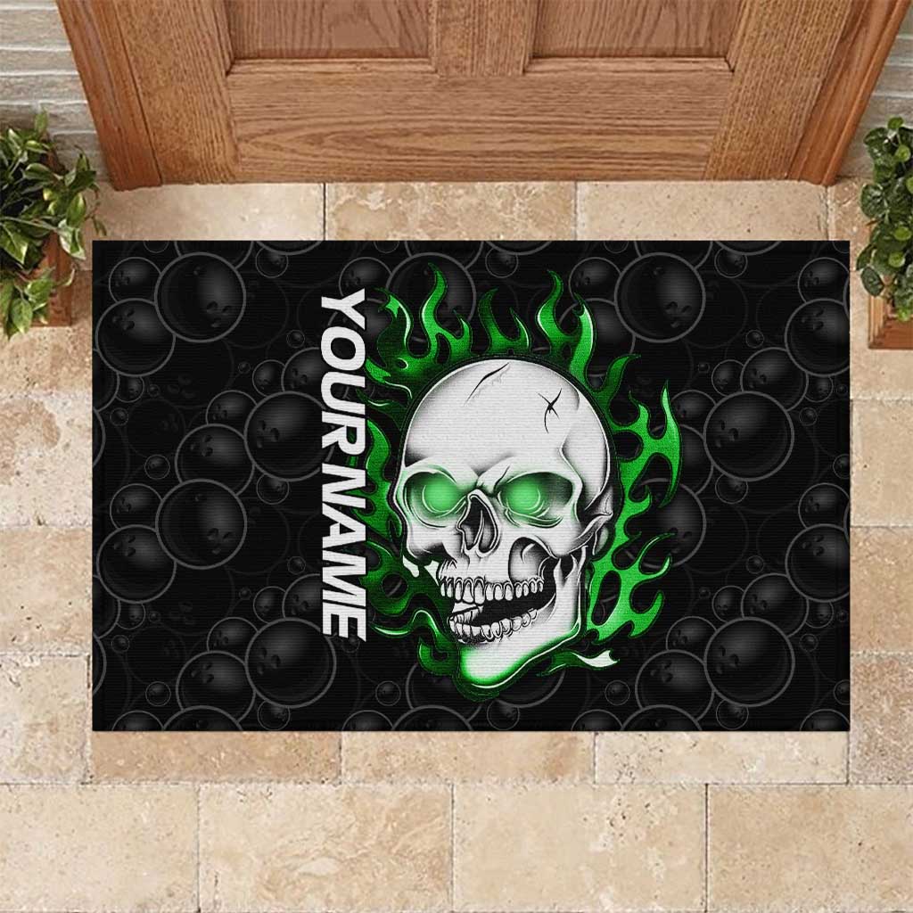 Personalized Skull Bowling Rubber Doormat Green Flame Skull - Wonder Print Shop