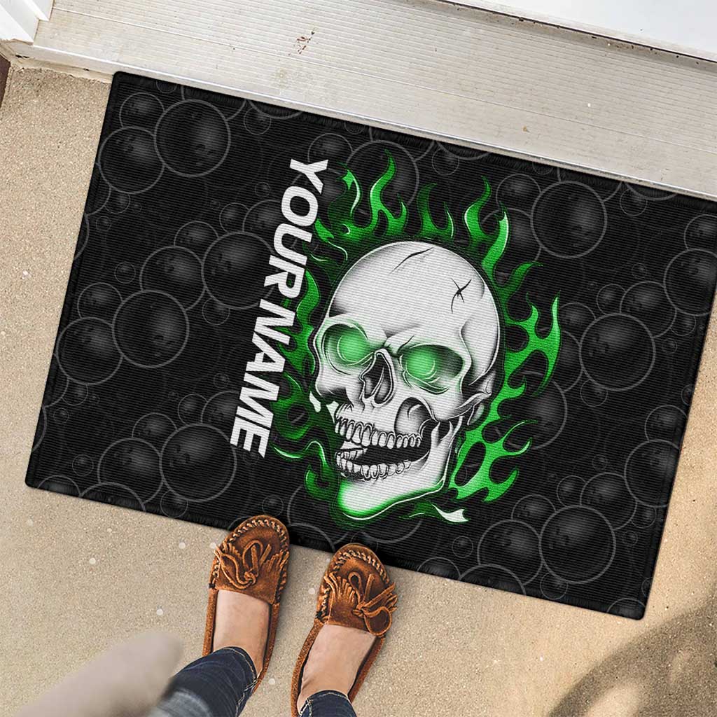 Personalized Skull Bowling Rubber Doormat Green Flame Skull - Wonder Print Shop