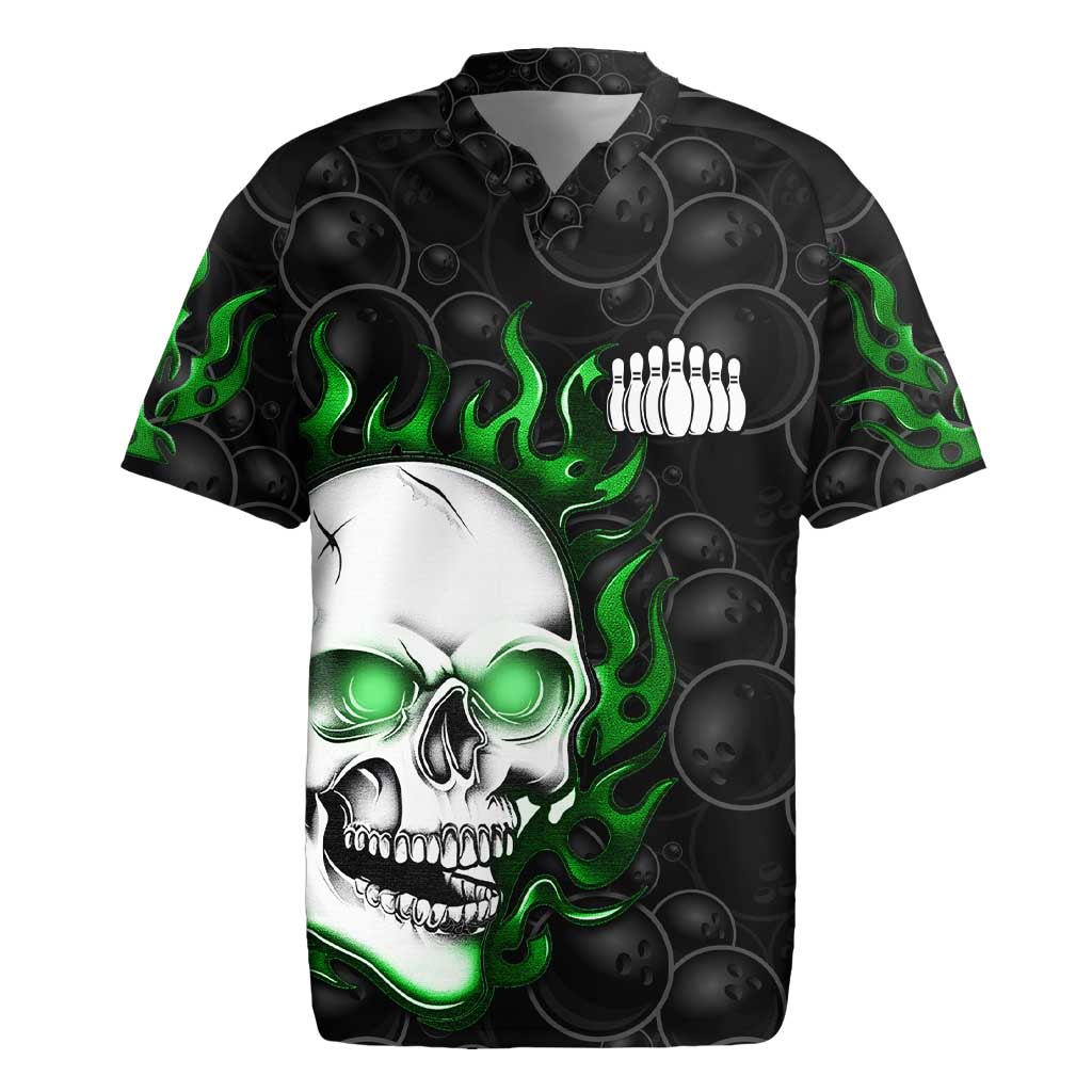 Personalized Skull Bowling Rugby Jersey Green Flame Skull - Wonder Print Shop