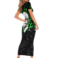 Personalized Skull Bowling Short Sleeve Bodycon Dress Green Flame Skull - Wonder Print Shop