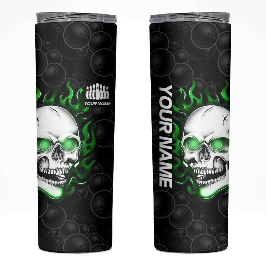 Personalized Skull Bowling Skinny Tumbler Green Flame Skull - Wonder Print Shop